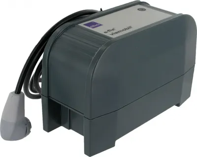 A gray electronic device with cables and a plug, shown on a white background.