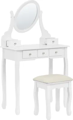Produktbild von BELIANI Schminktisch Weiß MDF-Platte mit Holzbeinen Ovalem Spiegel 5 Schubladen Hocker Glamour für Erwachsene Schlafzimmer Garderobe Jugendzimmer