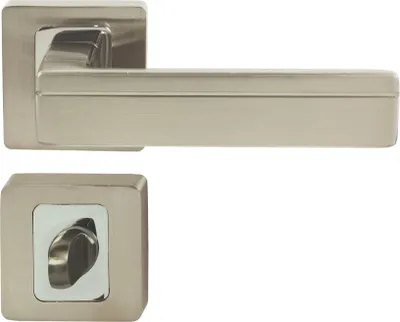 A door handle set, including the handle and the rosette, is shown against a white background.