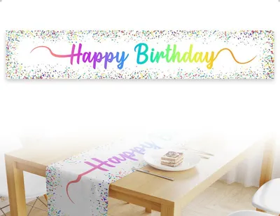 Produktbild von Tischläufer Happy Birthday, für Kindergeburtstag, weiß Leinen, Partydekoration