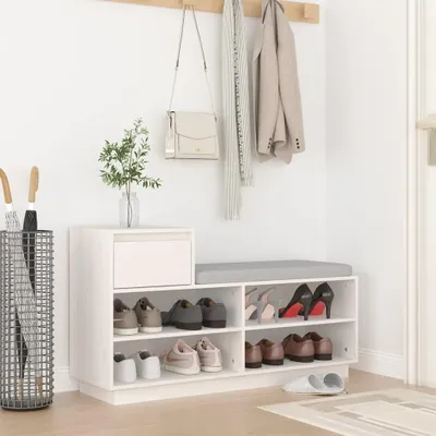 Produktbild von Weißer Schuhschrank aus massivem Kiefernholz, 110 x 34 x 61 cm