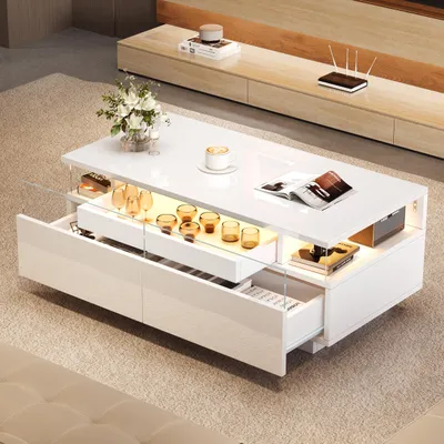 Produktbild von okwish Couchtisch Sofatisch mit Hochglanz Beistelltisch aus gehärtetem Glas mit 2 Schubladen,kaffeetisch mit LED-Licht,Weiß