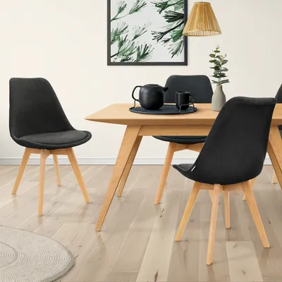 Produktbild von ML-Design 4er Set Esszimmerstühle mit Rückenlehne, Schwarz, Skandinavisches Retro Polsterstuhl mit Buchenholz-Beinen, Sitzfläche aus Leinen,