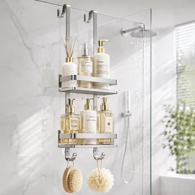 Image de Omgoods - Étagère de douche à 2 niveaux, sans perçage, avec crochets
