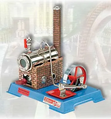 A model steam engine on a blue base.