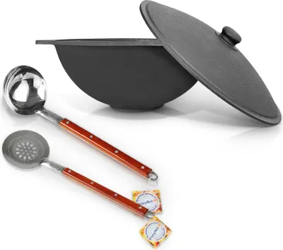 Produktbild von Gusseisen Kasan 3,5L Schaumlöffel Deckel Campingtopf Kazan WOK Kessel Camping