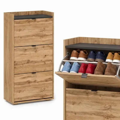 Image de Armoire à chaussures Steppo Plus, 60 cm de large, étroite, avec 3 portes, étagère à chaussures, finition chêne Wotan/noir