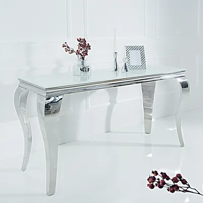 Obrázek produktu pro Elegantní designový konzolový stolek MODERN BAROCK 140cm bílý nerezový stůl z opálového skla předsíňový stůl konzola