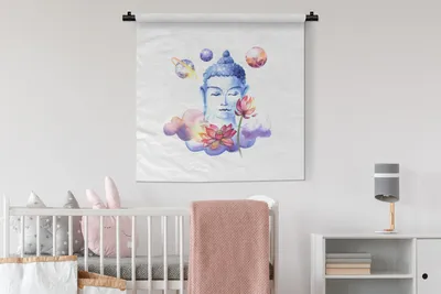 Produktbild von MuchoWow® Wandteppich Wandbehang Buddha - Kopf - Blumen 90x90 cm Tapisserie Dekoration Wandtuch - Wandaufhänger
