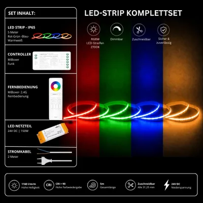 Produktbild von LED Streifen Set RGBW – COB LED Streifen 24V, punktfrei, 20 W/m, 5m, RGB + Warmweiß 2700K, CRI 90, IP65 – SS150 Netzteil, SR5 Funk-Controller und C5 Fernbedienung Weiß
