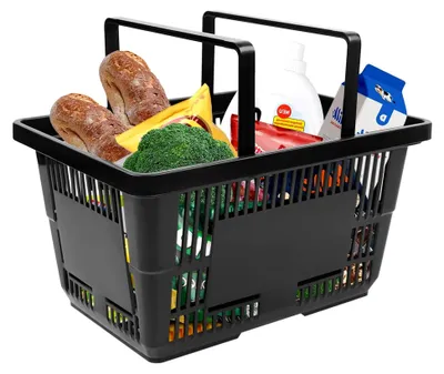 Produktbild von Einkaufskorb mit Henkel, 12 Stück, Klappbox, 28L, Kunststoffkorb, stapelbar, Tragekorb, schwarz