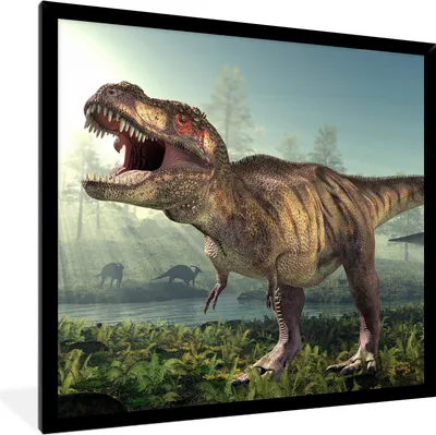 Produktbild von MuchoWow® Gerahmtes Poster Dino - Gras - Zeichnung - Kinder - Jungen 40x40 cm - Poster mit Schwarzem Bilderrahmen Wandposter Rahmen Foto Bilder - Mit Rahmen - Wanddekoration Schlafzimmer