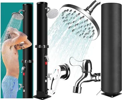 Produktbild von Solardusche 35 Liter, Gartendusche Solar mit Schutzhülle, 360° Regenduschkopf, Fußdusche, Mischbatterie, Gartenschlauchanschluss, Pooldusche für Garten, Pool und Terrasse, Schwarz