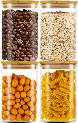 Produktbild von Glas Vorratsdosen Set von 4 - transparente Aufbewahrungsboxen mit Bambusdeckel für Lebensmittel - Pasta, Mehl, Getreide, Reis, Kaffeebohnen - 1200 ml