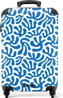 Produktbild von NoBoringSuitcases.com Hartschalen Handgepäck Koffer 55x35x20 cm, 36L, Bunte Drucke für Frauen: Weiß mit blauem Korallenmuster, Reisekoffer mit 4 Rollen