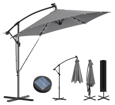 Produktbild von WOLTU Sonnenschirm, mit Solar-LED-Beleuchtung, 360° drehbar, Sonnenschutz UPF 50+ : Dunkelgrau Farbe: Dunkelgrau