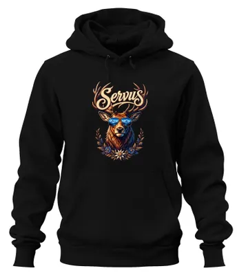 Produktbild von Servus Hirsch Geweih Sonnenbrille Edelweiß Lederhose Hoodie Kapuzenpullover, Schwarz, XL