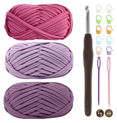 Image de T-shirt en fil à broder Garn Häkelgarn, 3 pelotes de 100g, polyester, couleur violet, à utiliser avec un crochet de 6 mm