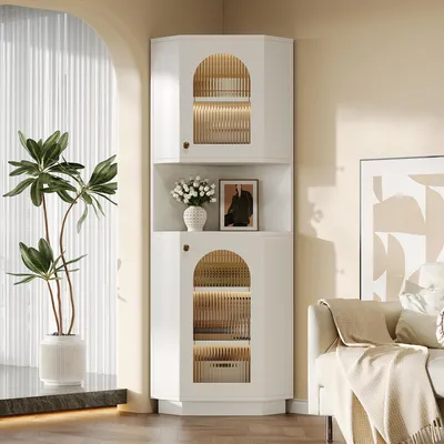Immagine prodotto di Mobile da bagno Merax, mobile in vetro, mobile alto ad angolo con luce, vano a giorno, vani portaoggetti, ripiani regolabili, 45x45x166,5 cm, bianco