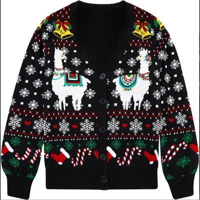 Produktbild von Damen-Cardigan Weihnachtspullover Mit Knöpfen Zum Aufknöpfen Lustig Alpaka Schwarz XL
