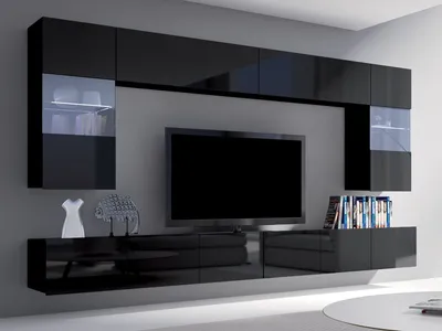 Produktbild von Moderne Wohnwand CALABRINI-1 Wohnzimmer-Set Hängewohnwand Schrankwand mit LED-Beleuchtung Hochglanz TV-Schrank Anbauwand (Schwarz)
