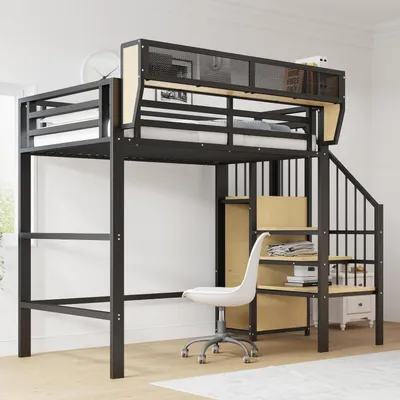 Produktbild von Hochbett 90x200 cm Metall Kinderbett Treppe Stauschrank Rausfallschutz