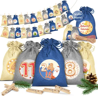 Produktbild von KESSER® Adventskalender zum Befüllen 24 Jutebeutel Gedruckte Stoffbeutel Kinder Weihnachtskalender zum Selber Befüllen Inkl.. 24x Schildchen + 1 Großer Aufbewahrungsbeutel Stoff