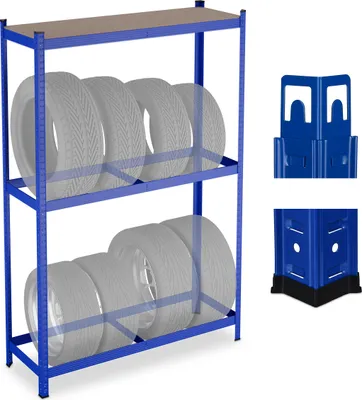 Obrázok produktu pre Relaxdays Stojan na pneumatiky pre 8 pneumatík, VxŠxH: 180 x 120 x 40 cm, nosnosť 795 kg, oceľ, systém na zasúvanie, stojan na pneumatiky s odkladacou plochou, modrý