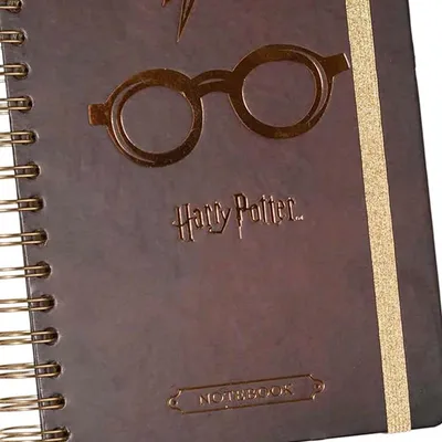 Image de Harry Potter, Carnet à spirales A5 avec motif de lunettes et fermeture par élastique, Marron foncé