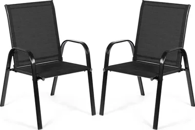 Two black outdoor chairs are shown against a white background.
