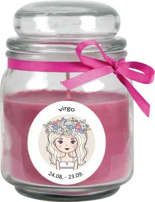 Zdjęcie produktu dla Świeca zapachowa znak zodiaku lawenda w słoiku ( Panna ) - wiele motywów do wyboru, 300g - czas palenia do 70 godzin - Panna