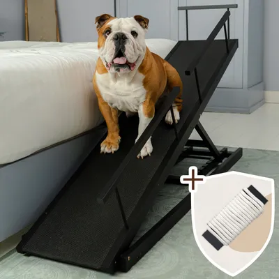 Produktbild von Hunderampe Bett PRIORPET aus Birkenholz mit Sicherheitsgeländer - Höhenverstellbare hundetreppe für Betten bis zu 94.5cm - Klappbar - Anti-Rutsch-Griff - Für kleine Hunde bis zu 23kg - Schwarz