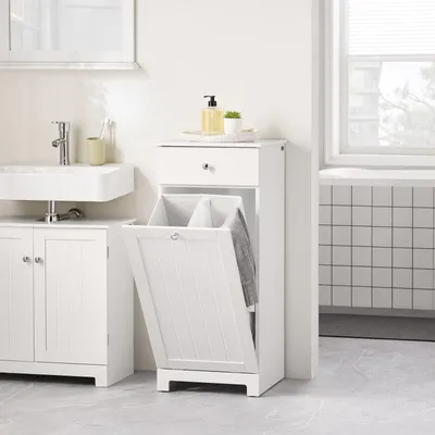 Produktbild von SoBuy Badezimmerschrank mit Wäschekorb Wäscheschrank  Kompakter Badschrank für kleine Badezimmer Badmöbel mit ausklappbarem Wäschesack BZR21-II-W