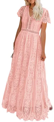 Produktbild von MEROKEETY Damen V Ausschnitt Kurzarm Floral Spitze Hochzeitskleid Brautjungfer C