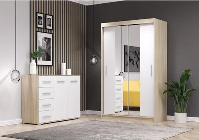 Produktbild von 2er-Set Schwebetürenschrank Schrank Kleiderschrank mit Spiegel Sonoma/Weiß 120cm NEOMI 01 mit Kommode 135cm FRIDA 01