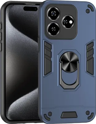 A blue and black phone case with a ring holder is shown.