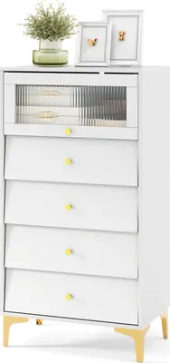 Obrázok produktu pre KOMFOTTEU Komoda so zásuvkami a sklenenými dvierkami, bufetová skrinka s kovovými nožičkami, kuchynská skrinka s posuvnými dvierkami, príborníková skrinka do pracovne, predsieň, biela (so 4 zásuvkami)
