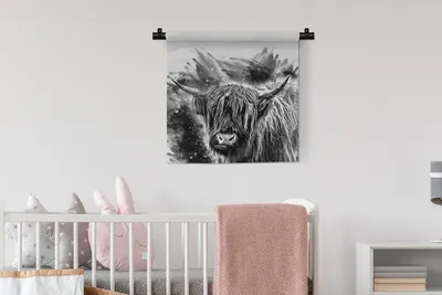 Produktbild von MuchoWow® Wandteppich Wandbehang Scottish Hochlandrind - Farbe - Schwarz - Weiß 60x60 cm Tapisserie Dekoration Wandtuch - Dekorationen - Wand Decke