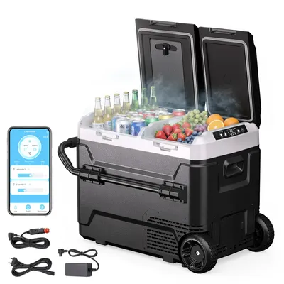 Produktbild von HcaloryP50M+ Kompressor-Kühlbox 50L mit Bluetooth-App, 2 unabhängige Temperaturzonen (-20°C bis +20°C), 12V/24V/230V - inkl. Rollen & Trennwand