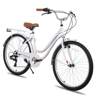 Produktbild von Hiland 26 Zoll 7 Gang Pendler Stadtfahrrad für Männer und Frauen, Step-Through Rahmen Cityräder für Erwachsene mit Gepäckträger und Korb, Fender