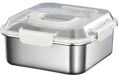 Produktbild von Tragbare Edelstahl-Vorratsbehälter mit Griff, Lunchbox, auslaufsicher, luftdichter Deckel, Bento-Box, ofen- und gefriergeeignet, spülmaschinenfest (2300 ml)