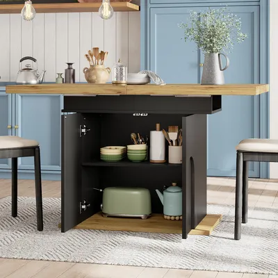 Image de OKWISH Table à Manger - Extensible pour 4-6 Personnes avec Rangement, en MDF et Métal, Noir et Bois Naturel