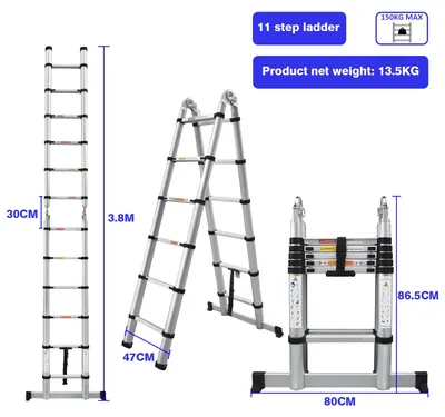 Immagine prodotto di Scala telescopica - 3,8 m. Scala per uso domestico - Forma a "A" pieghevole - Alluminio - Antiscivolo - Capacità di carico: 150 kg