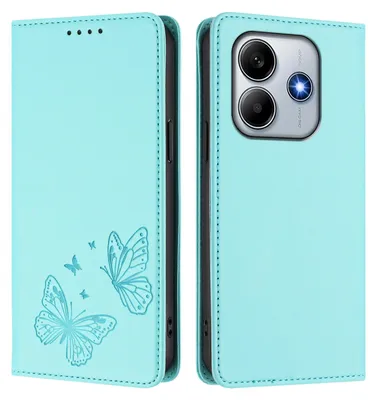 Obrázek produktu pro Kožené pouzdro pro Xiaomi Poco M7 Pro 5G/Redmi Note 14 5G, motýlí ražbou, peněženkové flip pouzdro se stojánkem Mátově zelená