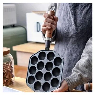 Produktbild von Takoyaki-Pfanne aus Antihaftbeschichtetem Gusseisen mit 14 Löchern und Abnehmbarem Griff
