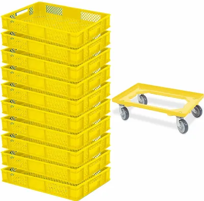 Produktbild von 10 Bäckerkiste / Euroboxen, LxBxH 600x400x90 mm, gelb + Transportroller