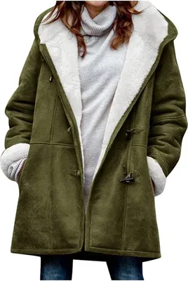 Obrázek produktu pro ASKSA Dámská fleecová bunda Zimní kabát Teplá fleecová bunda s knoflíkem Podzimní zimní bunda s kapucí Kabát, Army Green, S