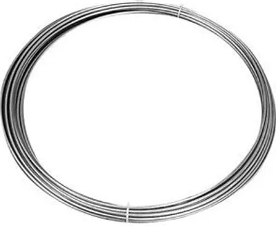 A coil of silver wire on a white background.