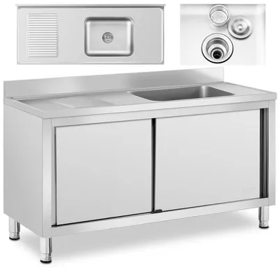 Zdjęcie produktu dla Umywalka z szafką – 140x60 cm – Szafka pod umywalkę ze stali nierdzewnej, z drzwiczkami przesuwne i pojemną przestrzenią do przechowywania