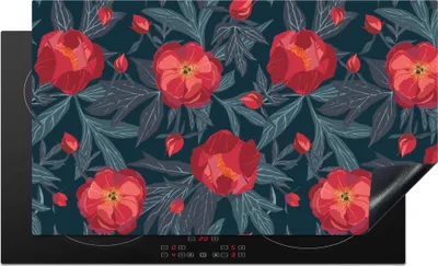 Produktbild von KitchenYeah© Herdabdeckplatte Blumen - Rot - Blätter - Muster , 89x51cm, Küche Deko, Glaskeramikkochfeld Herdabdeckung, Abdeckplatte fùr Kochfeld